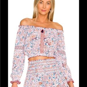 NWT Poupette St Barth Nana Floral Off-Shoulder Long Sleeve Crop Top Small Resort